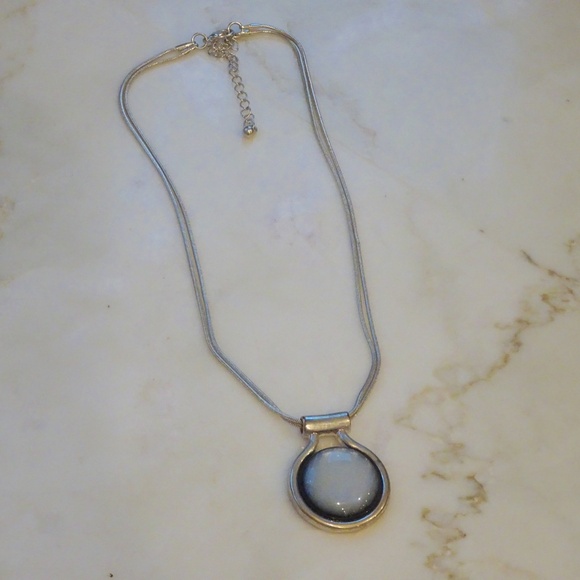 Silver Plated Faux Moonstone Pendant Double Snake Chain Boho Glam Necklace - Picture 5 of 8